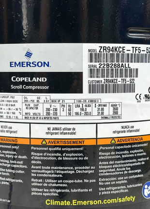 Copeland Compressor ZR94KCE-TF5-522 USA